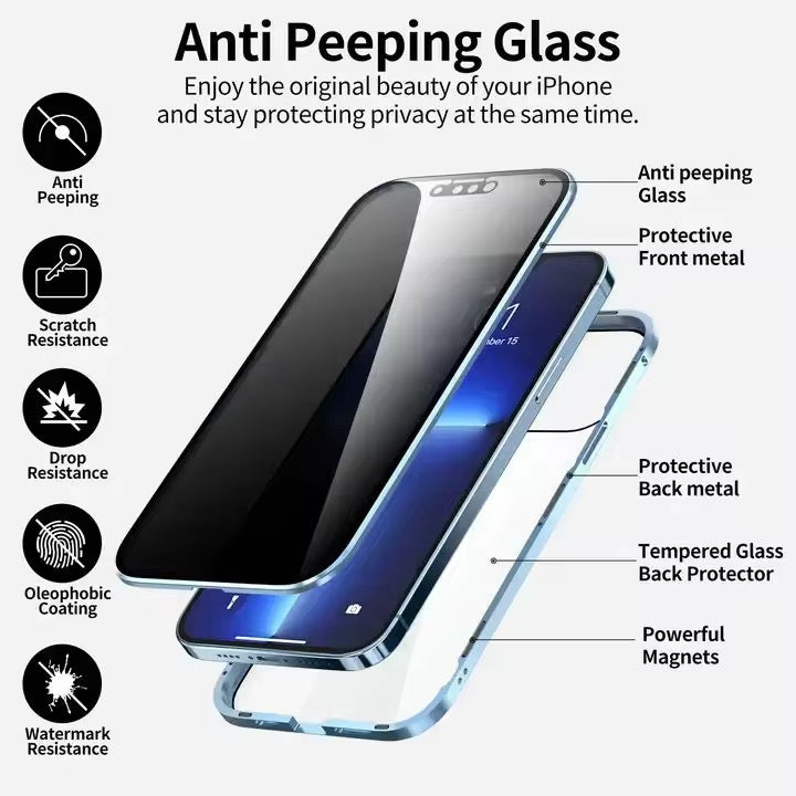 Magnetic 360 Full Protection Double Sided Tempered Glass Anti Peeping Privacy Screen. iPhone 12-16 series. Buy one get one free+free EarPod. Cash on delivery within Accra and tema only. Delivery within 24 hours after placing order.